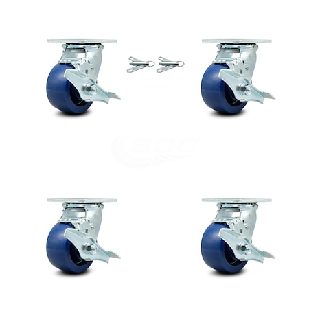 Service Caster 4 Inch Solid Polyurethane Caster Set with Roller Bearings 4 Brake 2 Swivel Lock SCC-30CS420-SPUR-TLB-BSL-2-TLB-2